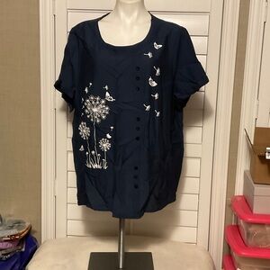 SHEIN Navy Blouse with White Floral Embroidery